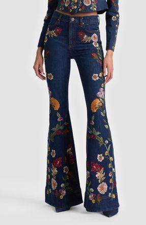 Alice & Olivia Beautiful Floral Embroidered Flare Jeans in Catherine Dark Multi at Nordstrom, Size 27