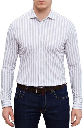 Emanuel Berg 4Flex Modern Fit Stripe Knit Button-Up Shirt in Light Grey at Nordstrom Rack, Size Xx-Large