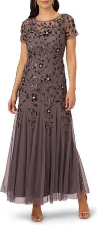Adrianna Papell Floral Embroidered Beaded Trumpet Gown in Moonscape at Nordstrom Rack, Size 4