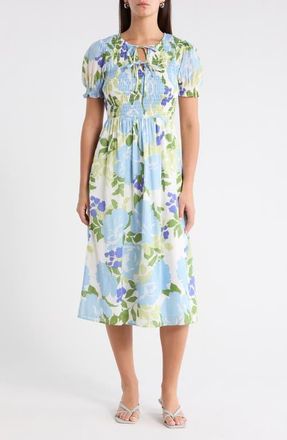 Sugarlips Tamry Smocked Midi Dress in Whte-Blue-Multi at Nordstrom, Size X-Large