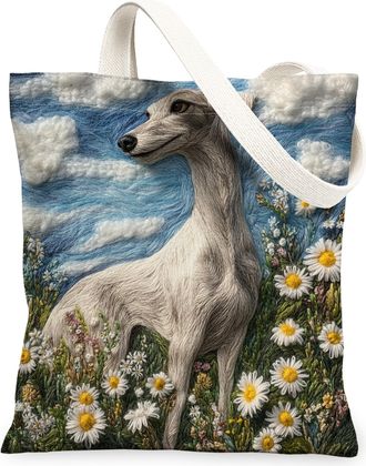 Generic Spring Greyhound Dog Canvas Tote Bag for Shopping 13x15, Knitting Style Garden Puppy Reusable Grocery Print Pattern Bag for Women, Fun Pet Beach Aesth