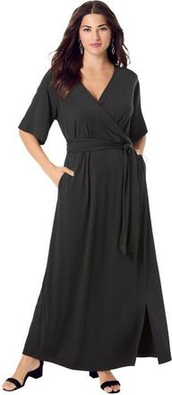 Roaman's Plus Size Flutter Sleeve Wrap Maxi Dress in Black at Nordstrom, Size 24