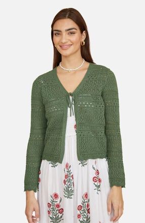 Yumi Crochet Tie Front Cardigan in Green at Nordstrom, Size Medium