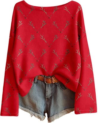 Generic Christmas Jumpers for Women Cute Reindeer Prints Long Sleeve Knit Xmas Sweater Elegant Casual Crewneck Ladies Christmas Jumper Fall Winter Loose Xmas 