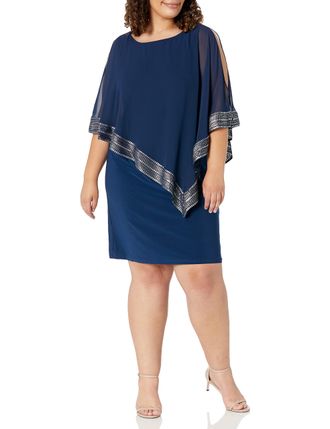 S.L. Fashions Womens Plus Size Mylar Trim Cape Dress Special Occasion, Navy Foil, 22