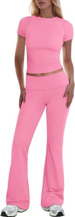 Generic Womens Tracksuits 2 Piece Y2k Outfits Short Sleeve Crop Top and Low Rise Fold Over Flare Yoga Pants Lounge Sets S-L Hot Pink