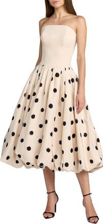 Mac Duggal Crepe Strapless Polka Dot Bubble Skirt Midi Dress in Ecru Multi at Nordstrom, Size 14