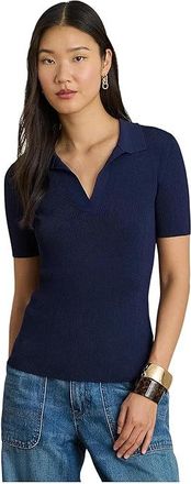 Lauren Ralph Lauren Rib-Knit Short-Sleeve Polo Sweater Womens Clothing Refined Navy : SM, Nylon
