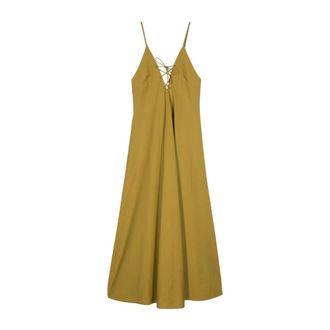 Forte_Forte Khaki Poplin V-Neck Jurk - Dames - Zomerkleedjes - Groen - M - Katoen - Kleedjes