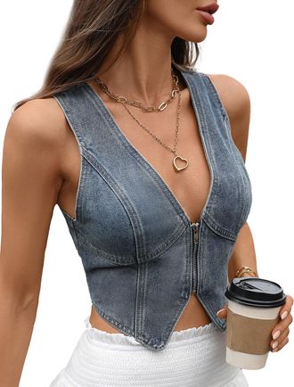 Feoya Womens Denim Waistcoat Vest Vintage Croppped Sleeveless Tank Top Deep V-Neck Back Slit Jean Gilet with Front Zip Slim Vest B1 M
