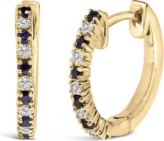 House of Brilliance 10K Yellow Alternating Blue Sapphire 1/10 Ct Diamond Huggy Hoop Earrings (I-J Color, I1-I2 Clarity)