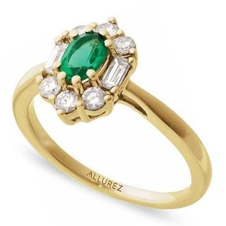 Allurez Oval Lab Emerald & Diamond Halo Ring 14K 0.95ct in Emerald/yellow Gold at Nordstrom, Size 4.5