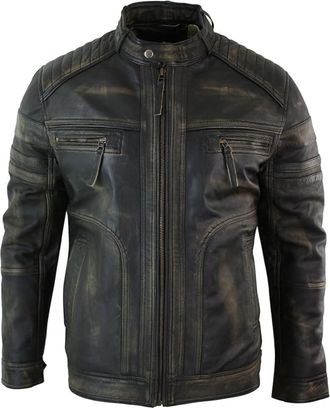 Generic The Finns Shop - Mens Brown Vintage Biker Real Leather Jacket Distressed Zipped Casual Biker (UK, Alpha, M, Regular, Regular, Brown)
