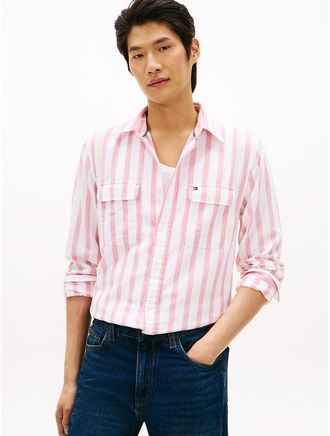 Tommy Hilfiger Mens Relaxed Fit Stripe Brushed Twill Shirt - Pink - XL