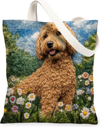 Generic Spring Golden Doodle Dog Canvas Tote Bag for Shopping 13x15, Knitting Style Garden Puppy Reusable Grocery Print Pattern Bag for Women, Fun Pet Beach A