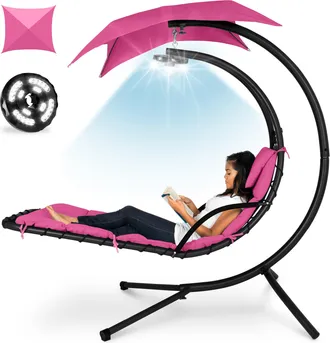 Best Choice Products Hanging LED-Lit Curved Chaise Lounge Chair for Backyard, Patio w/ Pillow, Canopy, Stand