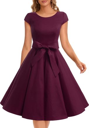 Dressystar Vintage 1950s Polka Dot and Solid Color Prom Dresses Cap-Sleeve Burgundy XL