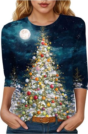 Generic Womens Christmas T Shirts 3/4 Short Sleeve Tops UK Christmas Tree Pullover Ladies Crewneck Christmas Sweatshirts Funny Graphic Tee Shirt Casual Xmas B