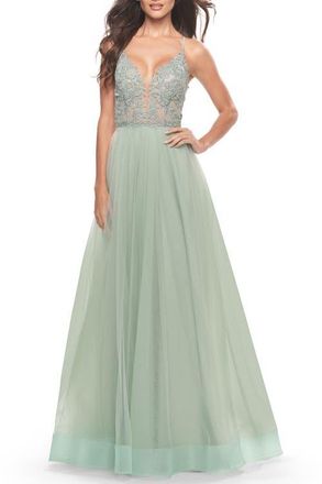 La Femme Tulle Gown with Sheer Lace Bodice in Sage at Nordstrom, Size 12