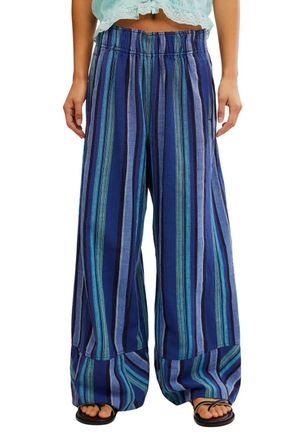 Free People Days End Linen Striped Pull-On Pants In Navy Combo