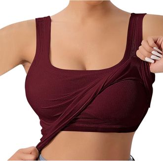 Generic Ribbed Vest Tops With Built In Bra for Women UK Basic Padded Camisole Undershirt Scoop Neck Tank Top Sleeveless Home Vest for Yoga Sports Plain Wide S