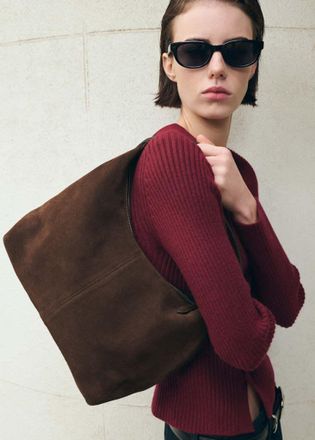 Mango Borsa spalla crosta di cuoio impuntura marrone - Donna - Taglia unica - MANGO