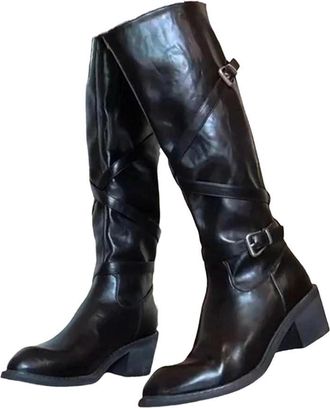 Generic Women Cross Belt Buckle Knight High Boots Pointed Toe Thick Heel Slip-On Long Boots