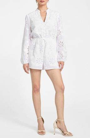 Guess Hazel Floral Embroidered Long Sleeve Cotton Voile Romper in White at Nordstrom, Size X-Small