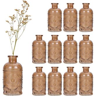 Relaxdays Relaxdays Glass Vase, Set of 12, Table Decor, Vintage Design, H: 13x6 cm, Decorative Mini Bottles for Flowers, Yellow