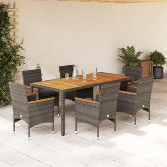 vidaXL Set De Comedor Jard&iacute;n 7 Pzas Con Cojines Rat&aacute;n Pe Acacia Gris Vidaxl