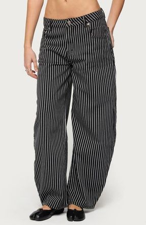 Edikted Pinstripe Low Rise Barrel Leg Jeans in Black-And-White at Nordstrom, Size X-Large