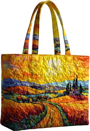 Generic Quilted Tote Bag Large,Oil Painting,Vintage Expandable Work Reusable Bookish Shoulder Tote Handbag - Oil painting landscape