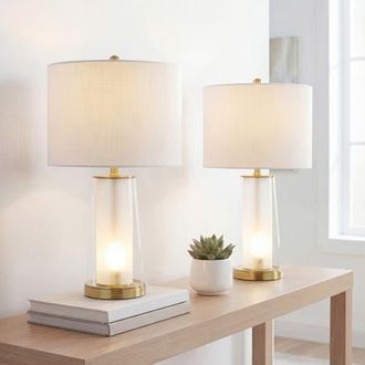 Jonathan Y Designs Tryon 26 Modern Minimalist Glass/Iron Nightlight LED Table Lamp in Clear/brass Gold at Nordstrom