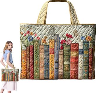 Generic Quilted Tote Bag, Embroidery Floral Bookish Patchwork Bags, Canvas Tote Bags for Women, Large Capacity Totes, Suitable for Office, Shopping, Appointme