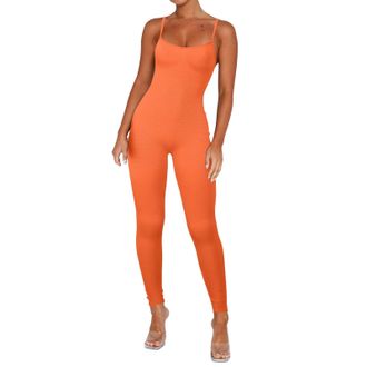 Generic Women Workout Seamless Jumpsuit Yoga Ribbed Bodycon Spaghetti Strap Leggings Romper Wedding Outfits Women (Orange, M)