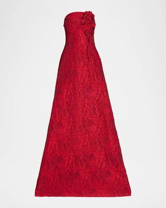 Teri Jon Strapless Floral Jacquard A-Line Gown