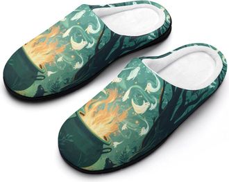 Generic Ghost In Witch Pot Print Womens Slippers Warm House Slippers Indoor House Shoes with Anti-Skid Rubber Sole