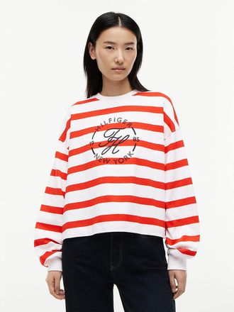 Tommy Hilfiger Womens Long-Sleeve Nautical Monogram T-Shirt - Fire Red / Ecru Stripe - XS