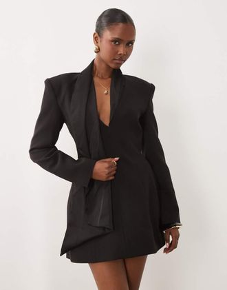 Bardot Vestito corto stile blazer nero con scollo a V e laccetti