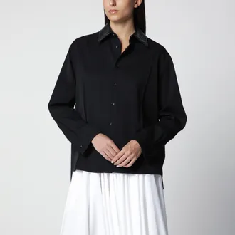 Bottega Veneta Camicia in twill di lana con colletto in pelle Double Black