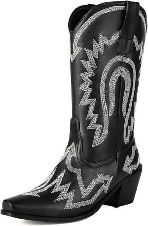 Generic Womens Chunky Heel Mid-Calf Boots Pull on Wide-Calf Boots with Embroidery Stitched Pointed Toe PU Leather Western Cowboy Boot,Black,10.5 UK