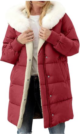 Generic Womens Long Winter Puffer Jacket Hooded Sherpa Fleece Lined Padded Coats Detachable Hat Collar Faux Trim Hoodies Zip Button Windproof Quilted Outerwea