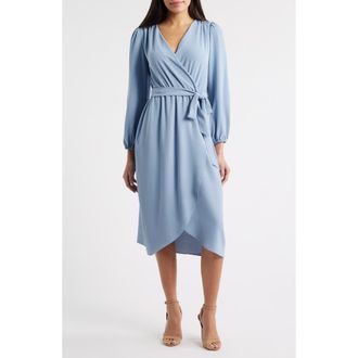 Connected Long Sleeve Faux Wrap Midi Dress in Sky at Nordstrom, Size 14