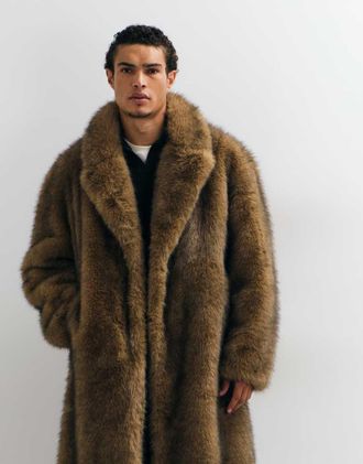 Asos Cappotto taglio lungo marrone oversize in pelliccia sintetica