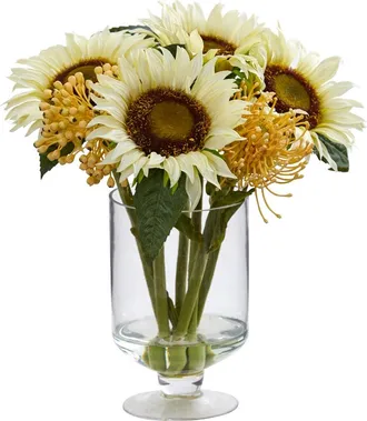 Nearly Natural 12-in Sunflower & Sedum Artificial Arrangement in Vase in White at Nordstrom