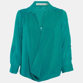 Alice & Olivia Alice + Olivia Teal Blue Silk Draped Blouse