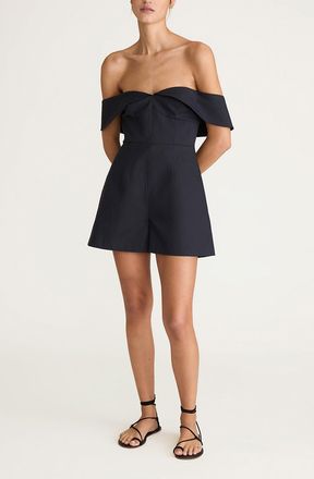 Rebecca Taylor Cotton Sateen Draped Shoulder Romper