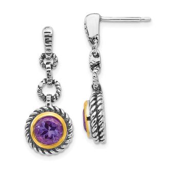 Diamond2Deal Sterling Silver Gold-tone Flash Gold-plated Antiqued Round Bezel Amethyst Dangle Earrings