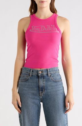 Von Dutch Rhinestone Ribbed Tank in Peacock Pink at Nordstrom, Size X-Large