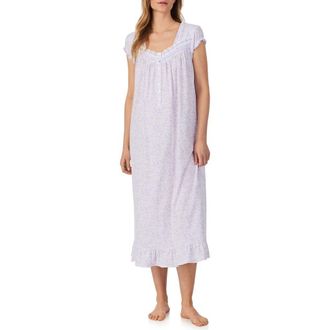 Eileen West Cap Sleeve Cotton Jersey Nightgown in White/Lilac at Nordstrom, Size Medium